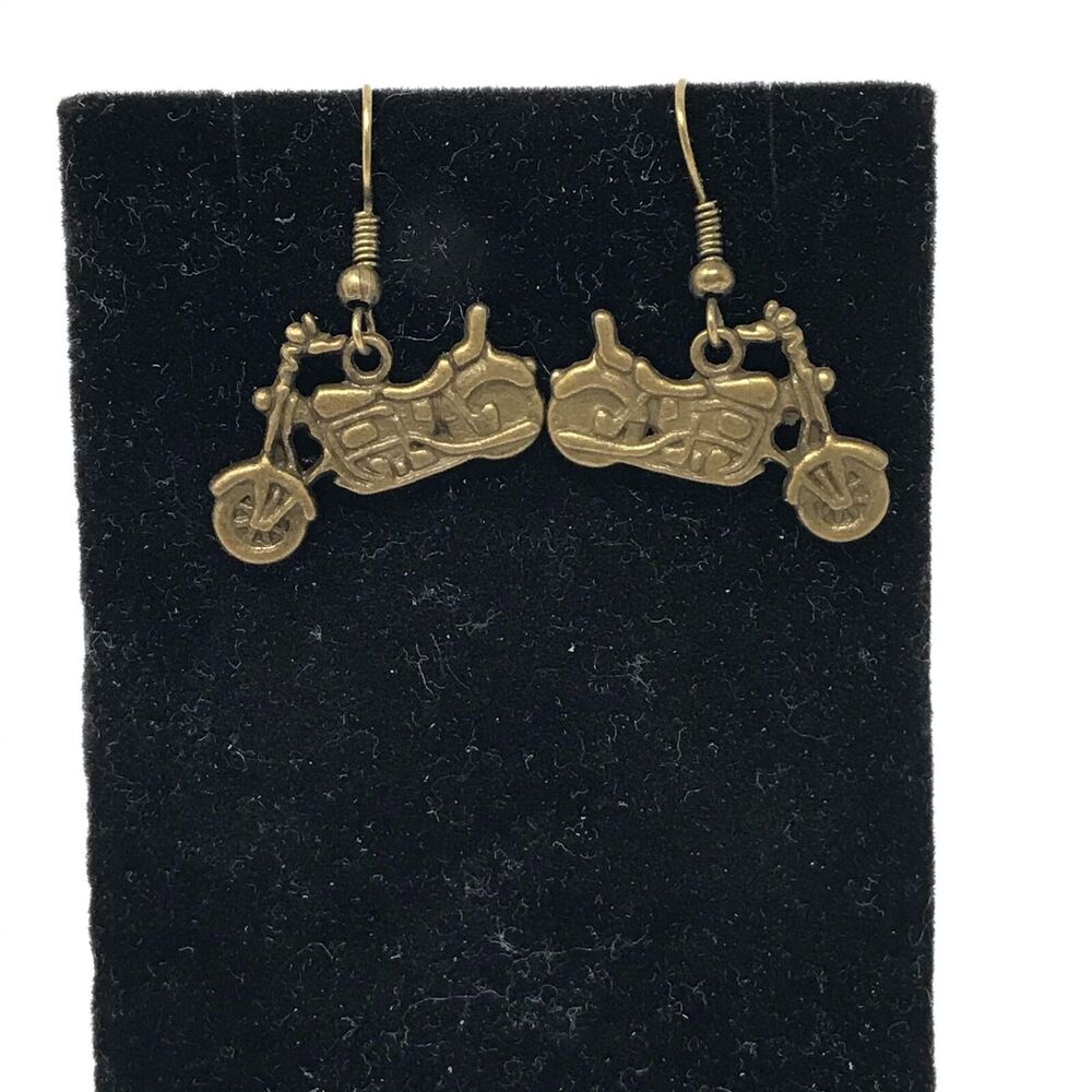 Vintage Brass Dangle Earrings Easy Rider Hard Tail Moto Motif Fashion Jewelry